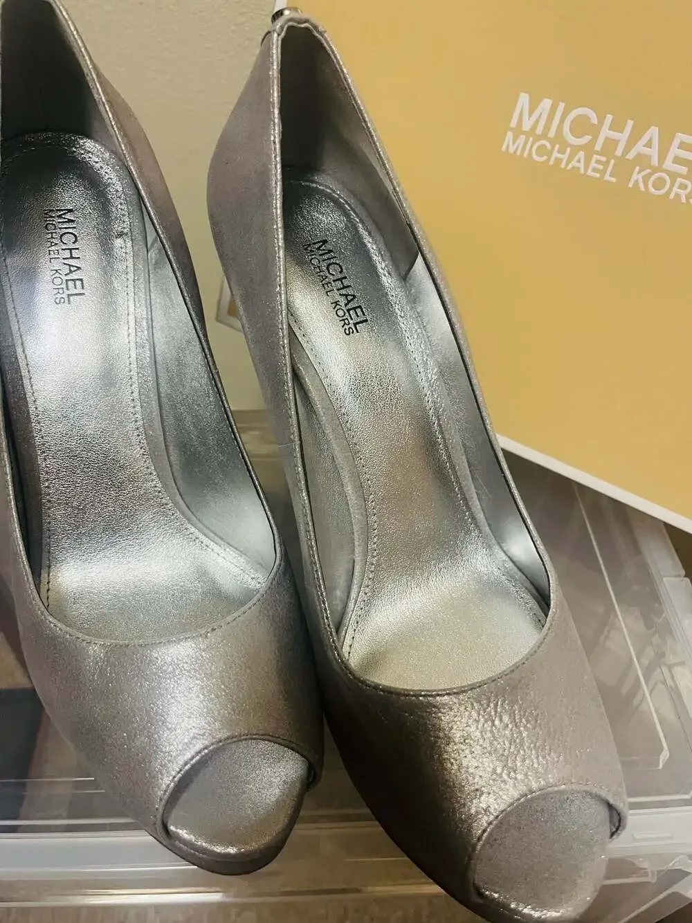 Michael Kors Silver Peep-Toe Platform Pumps